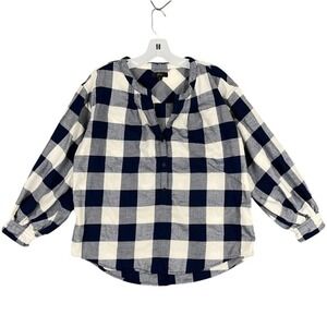 J.Crew Blouse Womens Small Blue V-neck Plaid Flannel Relaxed Fit Baggy‎ Peasant